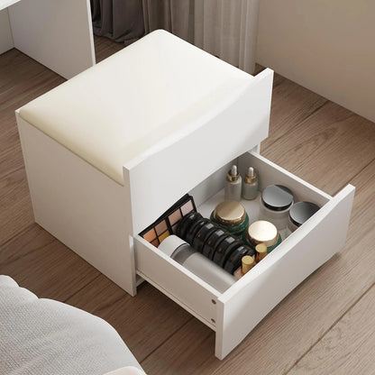 3-i-1 Sminkbord med spegel, pall & förvaring – Glasbordsskiva & kompakt design