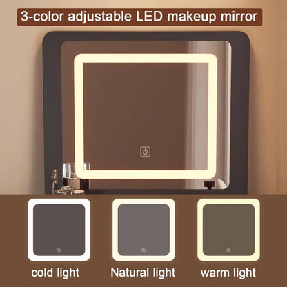 3-i-1 Sminkbord med spegel, pall & förvaring – Glasbordsskiva & kompakt design