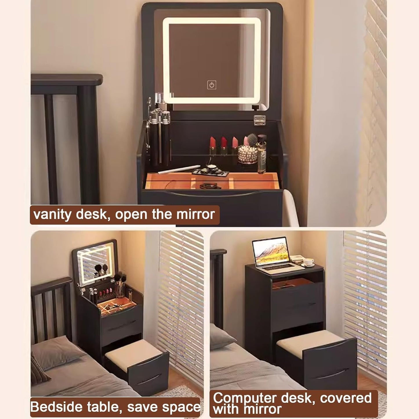 3-i-1 Sminkbord med spegel, pall & förvaring – Glasbordsskiva & kompakt design