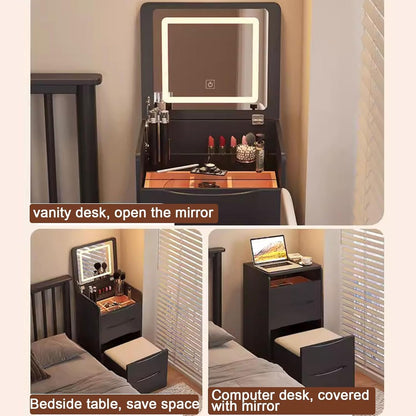 3-i-1 Sminkbord med spegel, pall & förvaring – Glasbordsskiva & kompakt design