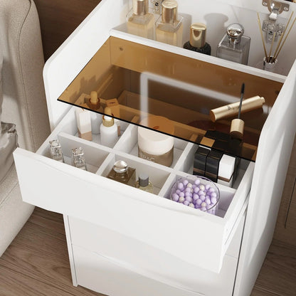 3-i-1 Sminkbord med spegel, pall & förvaring – Glasbordsskiva & kompakt design